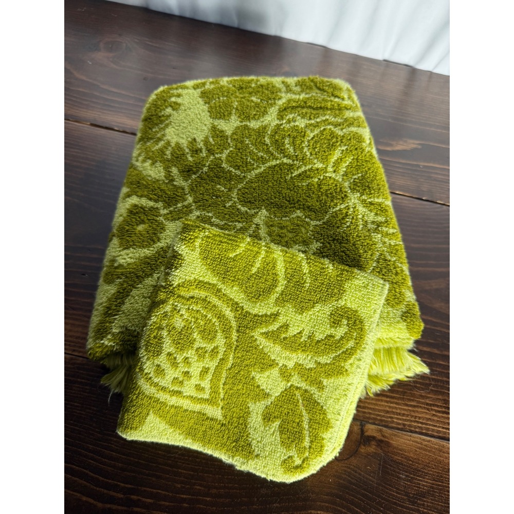 Vintage Pequot Lime Green Floral Bath Towel Washcloth Set Cotton Fringed MCM USA